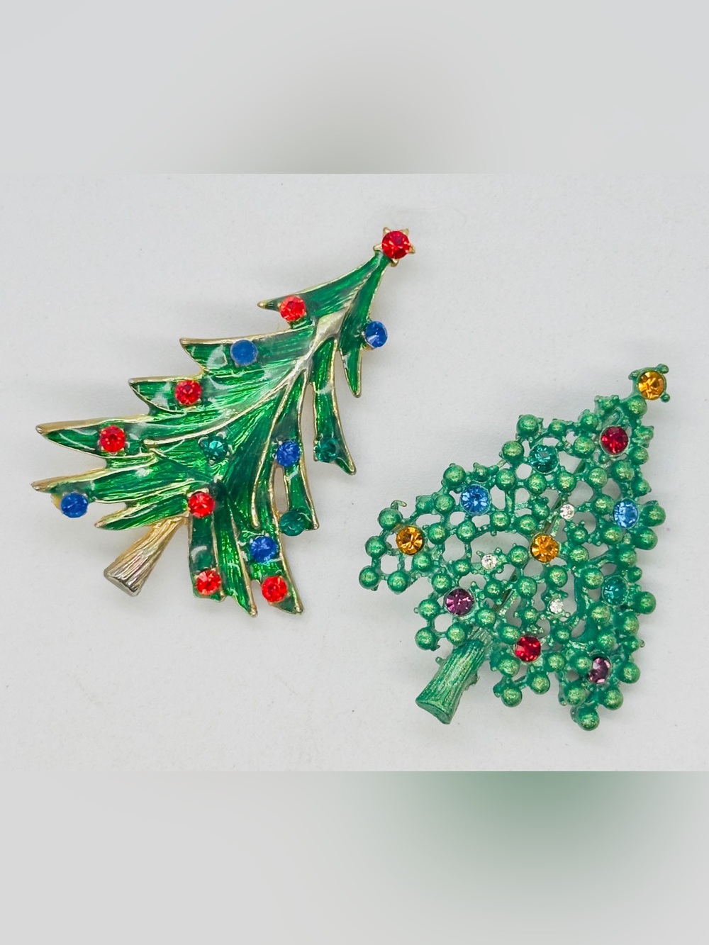Vintage Christmas Tree Brooch Pin Lot Enamel Rhinestone Gold Tone Figural Winter